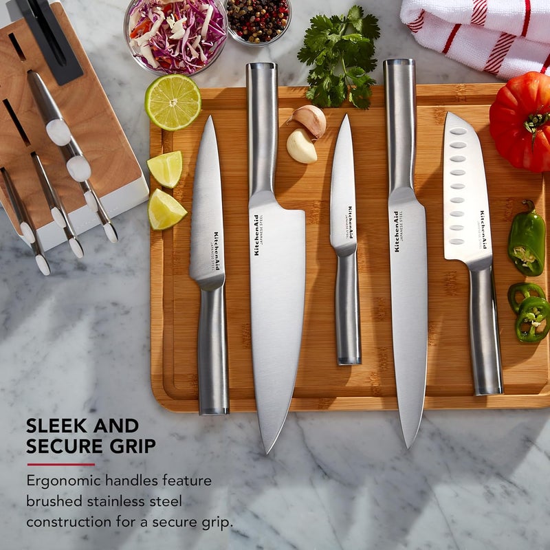 KitchenAid Slim Two-Tone Knife Block Set with Built-In Knife Sharpener, High Carbon Stainless Steel Kitchen Knives, Sharp Kitchen Knife Set with Block, 14-Piece, White - Image 5